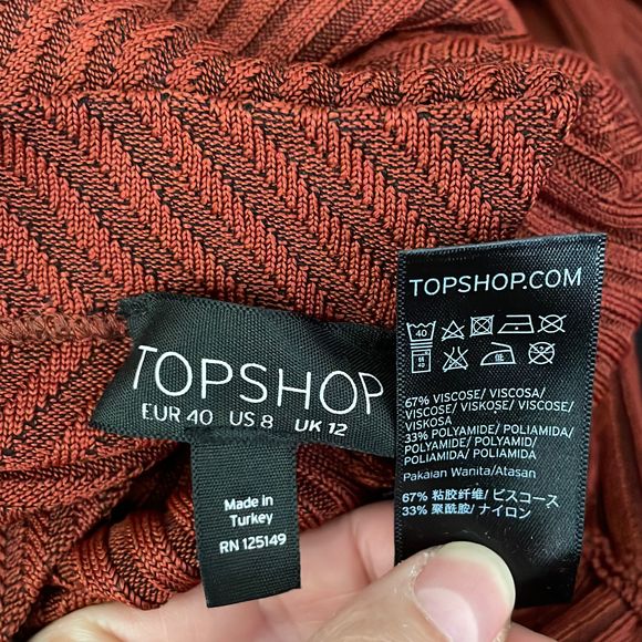 Topshop Terracotta Ribbed Knit Funnel Neck Asymmetrical Split Hem Split Bell Sle - Picture 4 of 6